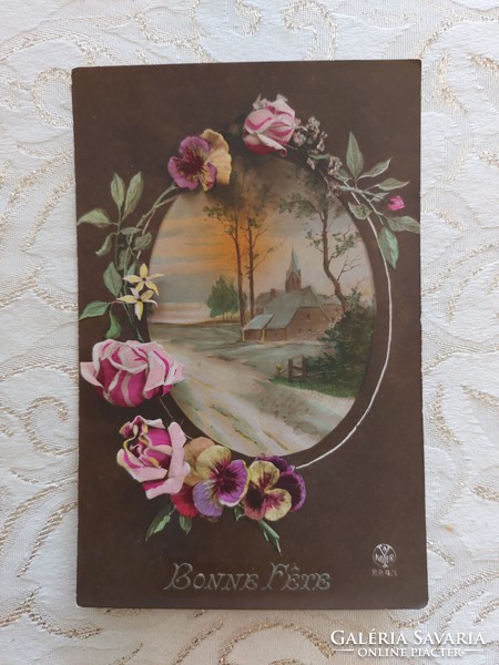 Régi újévi képeslap levelezőlap tájkép virágmotívum rózsa árvácska