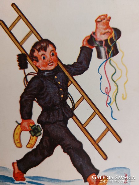 Old New Year postcard 1939 Gyula style postcard chimney sweep pig clover fortune horseshoe