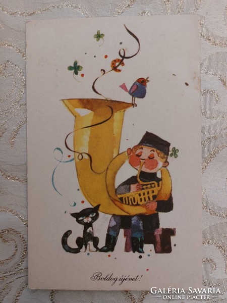 Old New Year postcard style postcard trumpet clover kitten bird horseshoe