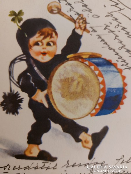 Régi újévi képeslap 1935 levelezőlap kéményseprő lóhere dob