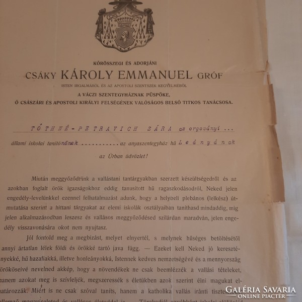 Religious education teaching license of Bishop Károly Csáky Károly Emmánuel of Váci for a teaching couple, 1913.
