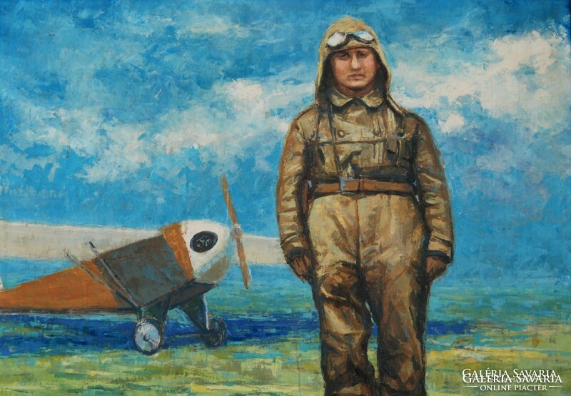 European artist: pilot from the heroic era of aviation - oil on canvas painting