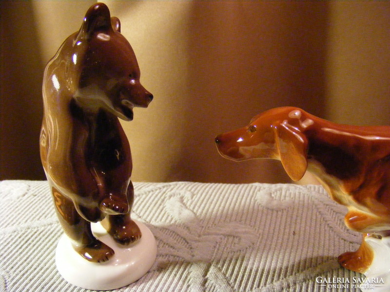 2 Russian Lomonosov porcelain figurines bear and dog