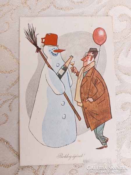 Régi újévi képeslap rajzos levelezőlap hóember pezsgő