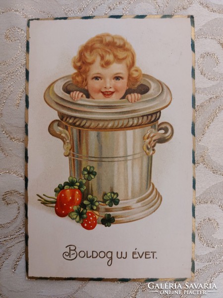 Régi újévi képeslap 1929 levelezőlap lóhere gomba pezsgős jégvödör baba