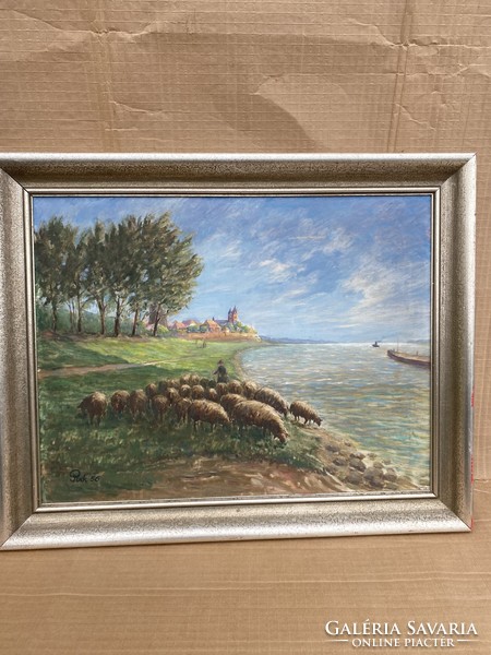 Painting from 1956 landscape with a flock of sheep