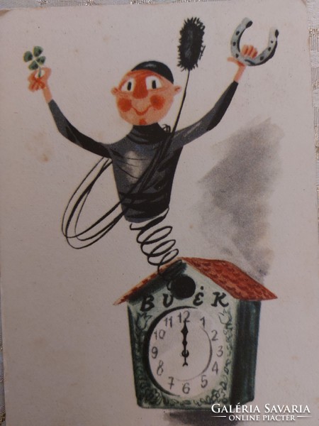 Régi újévi képeslap 1958 rajzos levelezőlap kéményseprő lóhere szerencsepatkó óra
