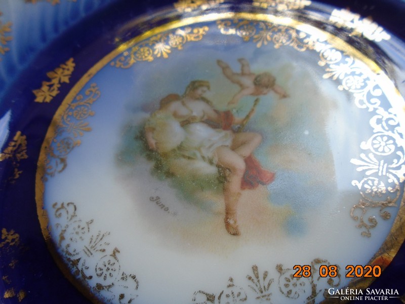 19.sz Bécsi Udvari kobalt arany girlandos tányér festménnyel: Juno istennő angyallal