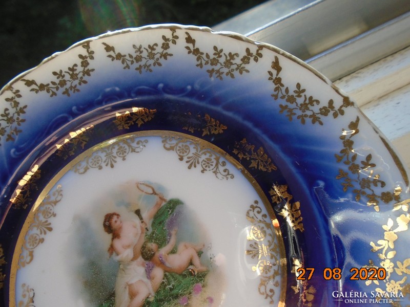 19th Viennese court cobalt with gold garland plate painting: goddess artemis with angel