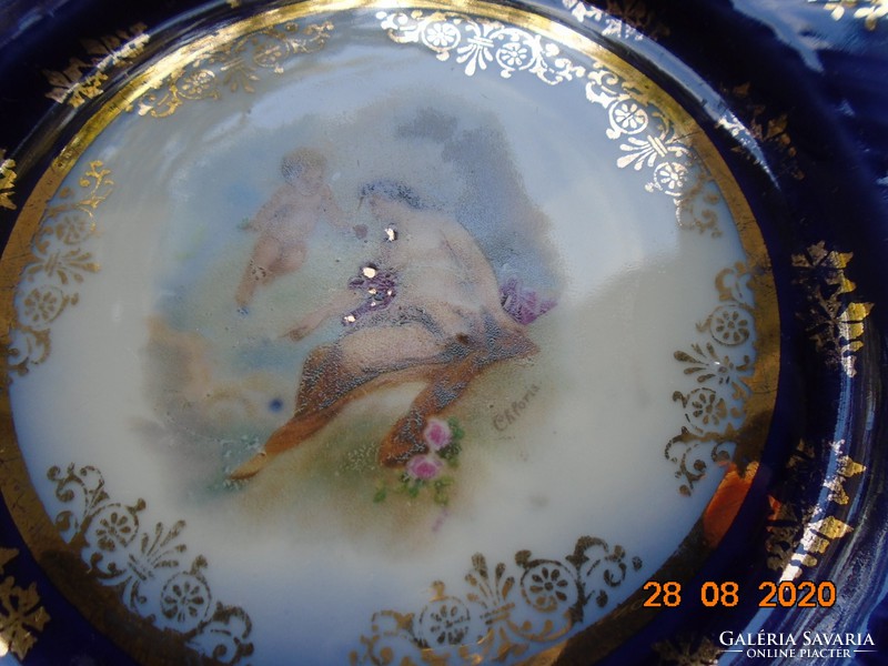 19.sz Bécsi Udvari kobalt arany girlandos tányér festménnyel: Khlórisz  Nimfa angyallal