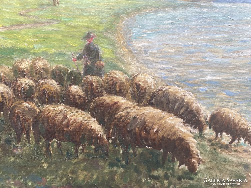 Painting from 1956 landscape with a flock of sheep