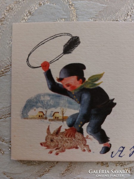 Old mini postcard 1967 New Year postcard greeting card chimney sweep pig