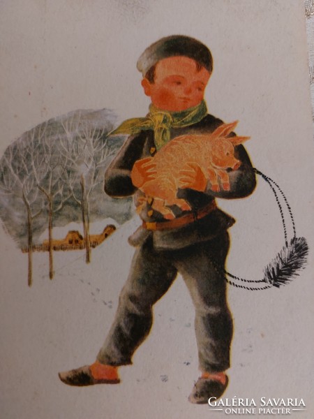 Old New Year postcard 1968 style postcard chimney sweep pig snowy landscape