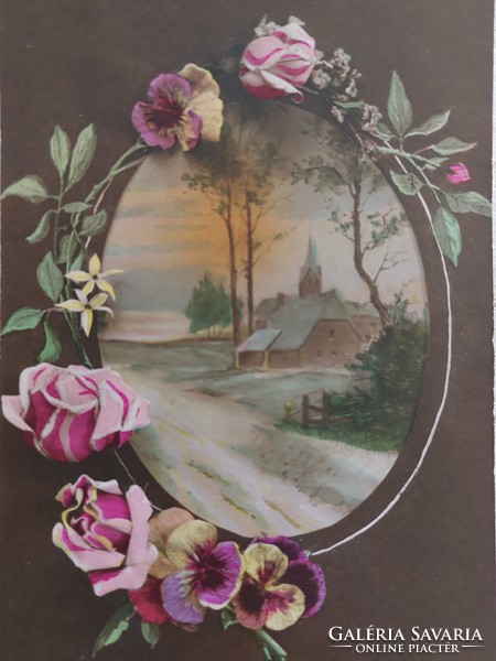 Régi újévi képeslap levelezőlap tájkép virágmotívum rózsa árvácska