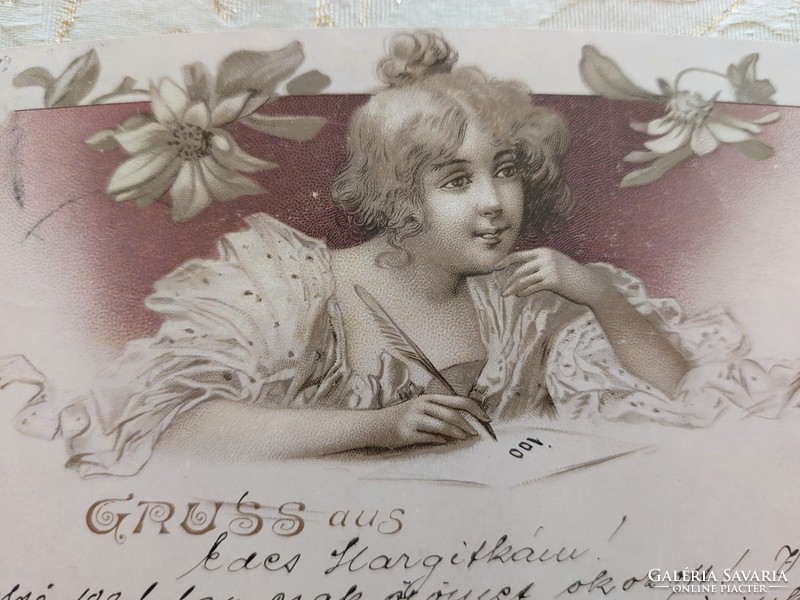 Régi képeslap 1899 levelezőlap hölgy növényminta