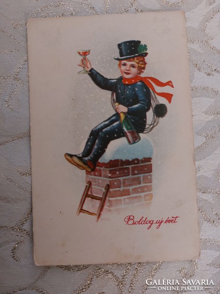 Old New Year postcard 1938 postcard chimney sweep clover champagne