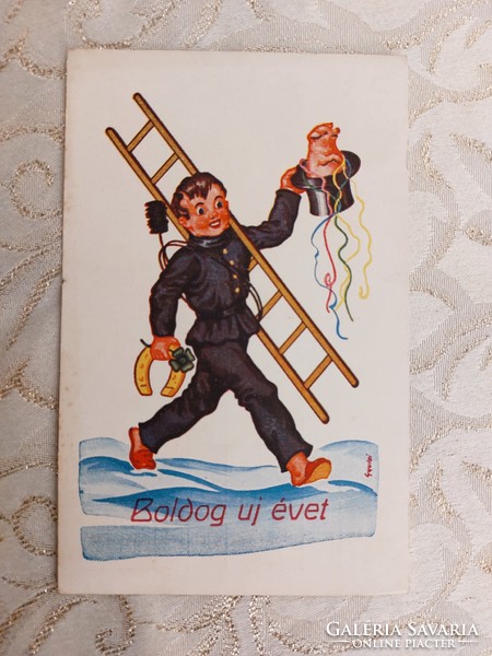 Old New Year postcard 1939 Gyula style postcard chimney sweep pig clover fortune horseshoe