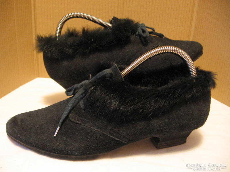 Black suede leather women's shoes decorated with genuine fur 7