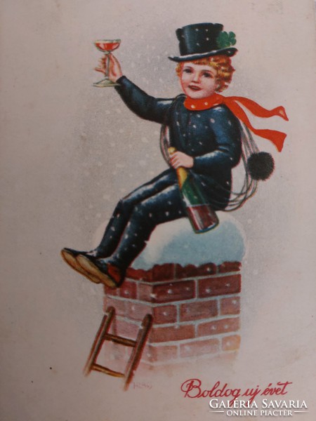 Old New Year postcard 1938 postcard chimney sweep clover champagne