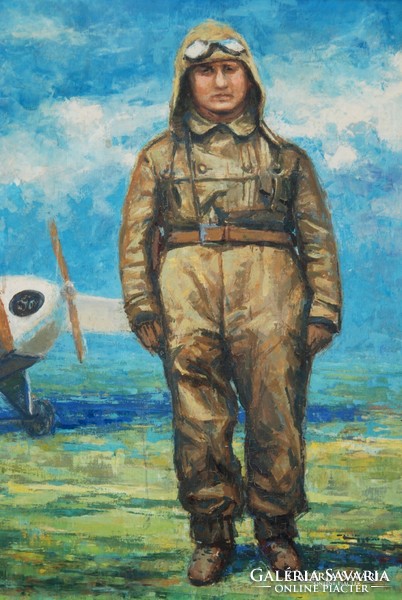 European artist: pilot from the heroic era of aviation - oil on canvas painting