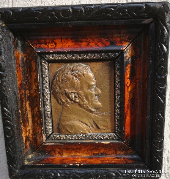 Bronze Wagner plaque with bronze portrait framed