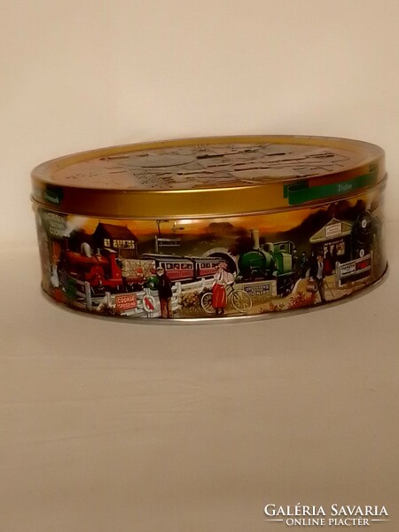 Large round metal lidded chocolate cake biscuit storage box nostalgia railway train station scene