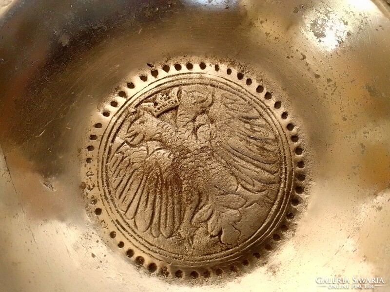 Antique old pewter metal decorative bowl, double-headed imperial eagle in the middle, arabesque pattern on the rim, flawless