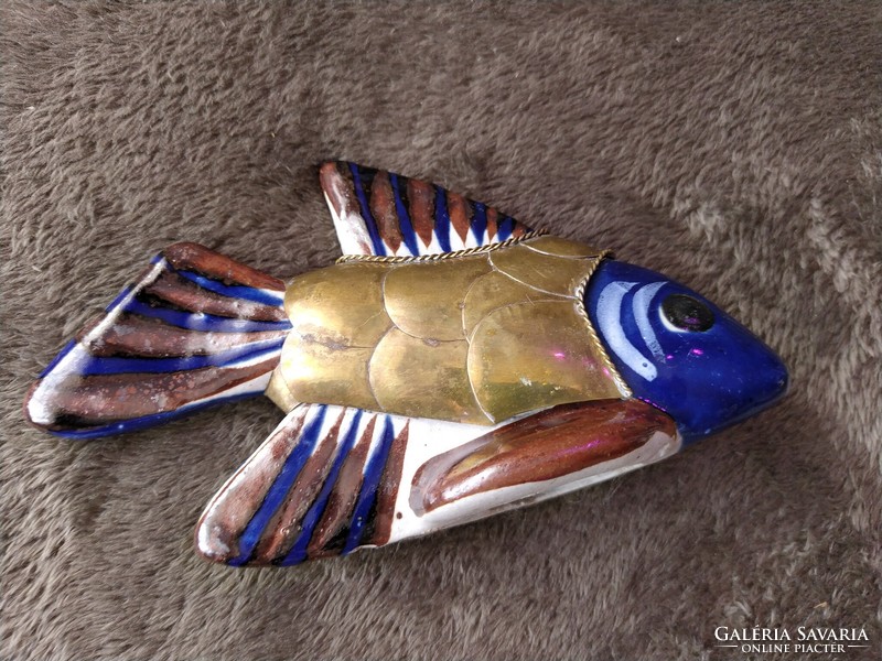 Sweet Mexican duck and fish ceramic pair with brass inlay