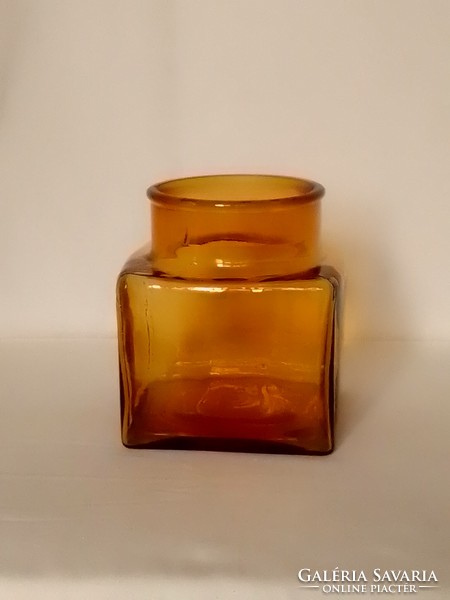 Large heavy thick-walled angular amber honey colored decorative glass storage vase with character 16 cm