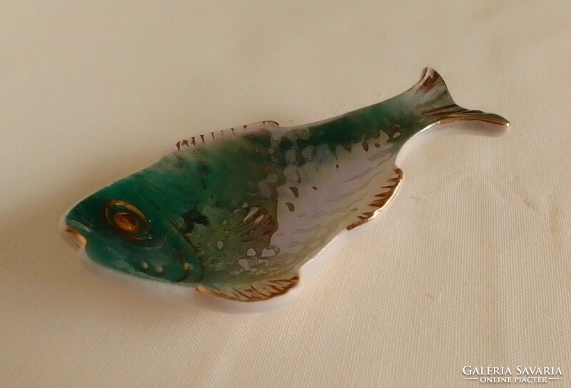 Antique old fish-shaped turquoise green glazed earthenware ceramic bowl with ring holder nipp display case