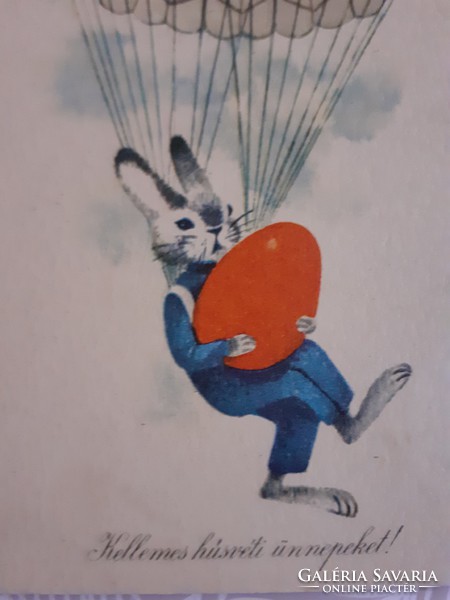 Old Easter postcard style postcard with parachute bunny rabbit