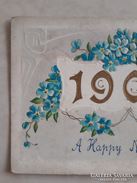 Régi újévi képeslap 1908 dombornyomott levelezőlap nefelejcs motívum