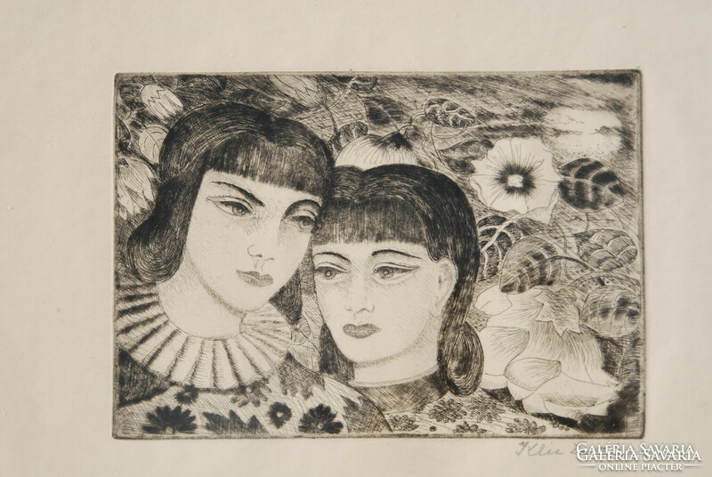 Zoltán Klie (1897-1992): lovers - art-deco style etching