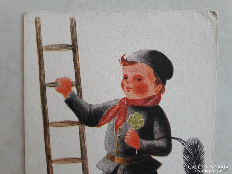 Old New Year postcard style postcard with chimney sweep clover