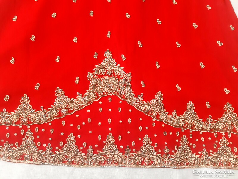 Traditional Indian silk dress, pants, stole, scarf, shawl, with red and gold decoration (3 pieces)