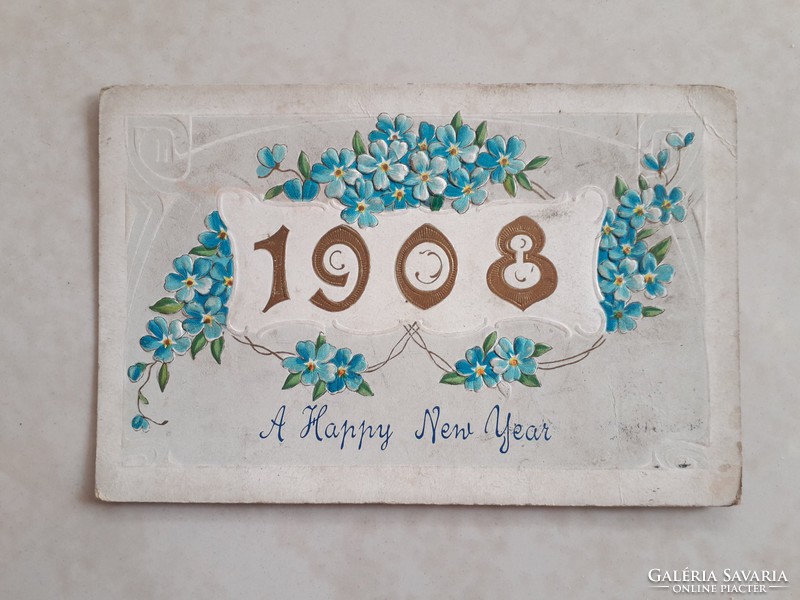 Old New Year postcard 1908 embossed postcard with forget-me-not motif