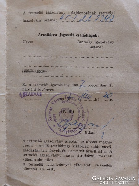 Régi dokumentum 1967 Termelői Igazolvány