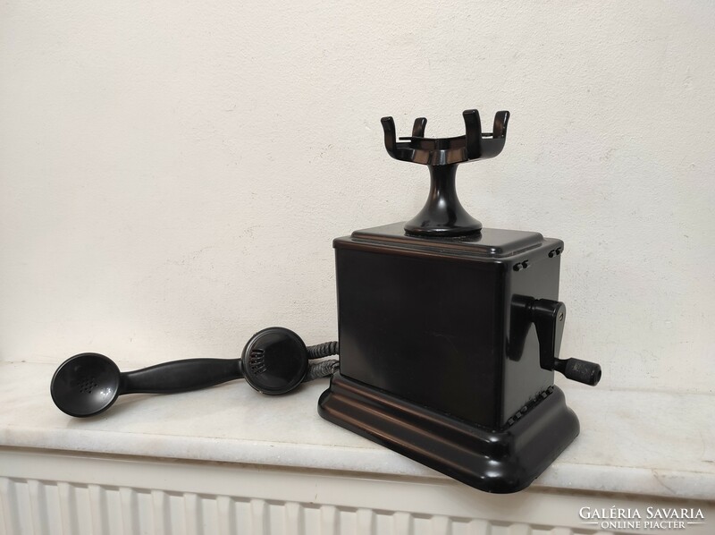 Antik telefon asztali fekete fém kurblis készülék 727