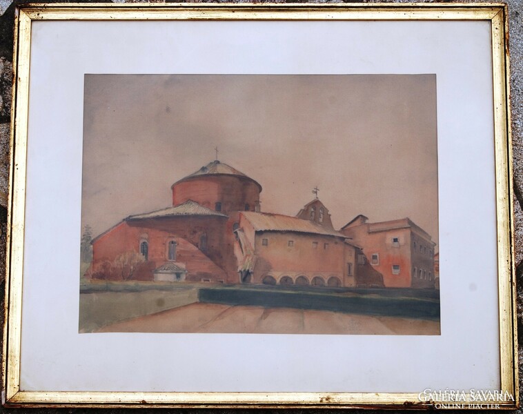 Gerő László(1909-1995): Santo Stefano Rotunda, Róma, 1936 - eredeti akvarell, keretezve