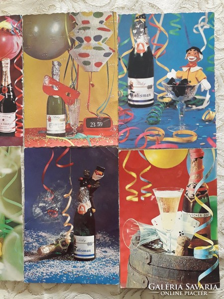 Régi újévi képeslap szilveszteri pezsgős retro levelezőlap 8 db