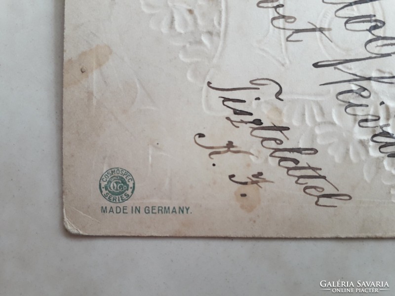 Régi újévi képeslap 1908 dombornyomott levelezőlap nefelejcs motívum