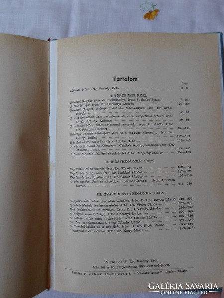 Vasady Béla (szerk.): Károlyi emlékkönyv, 1940 (református egyház, vizsolyi biblia)