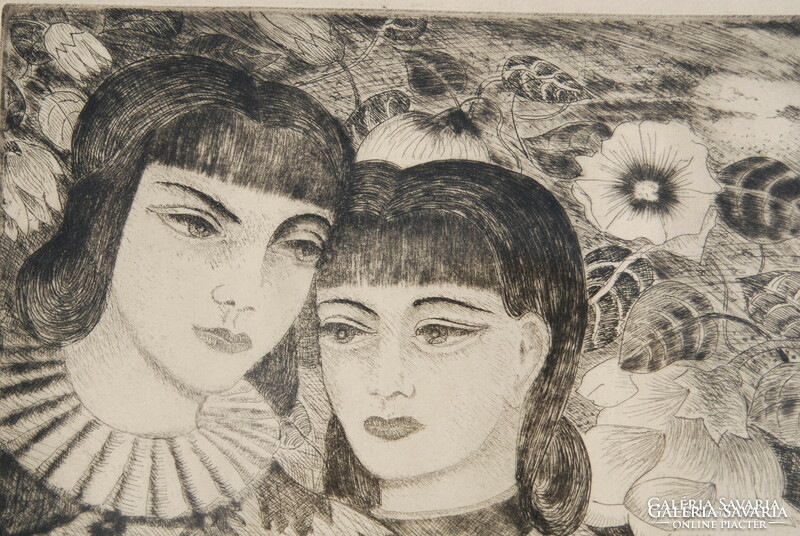 Zoltán Klie (1897-1992): lovers - art-deco style etching
