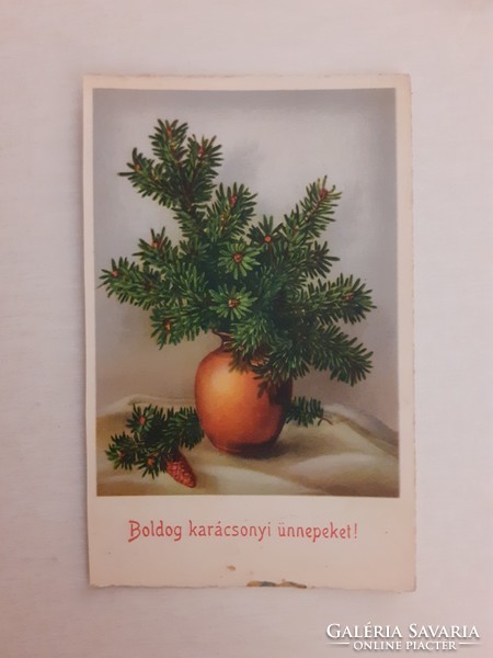 Régi karácsonyi képeslap levelezőlap fenyőág toboz