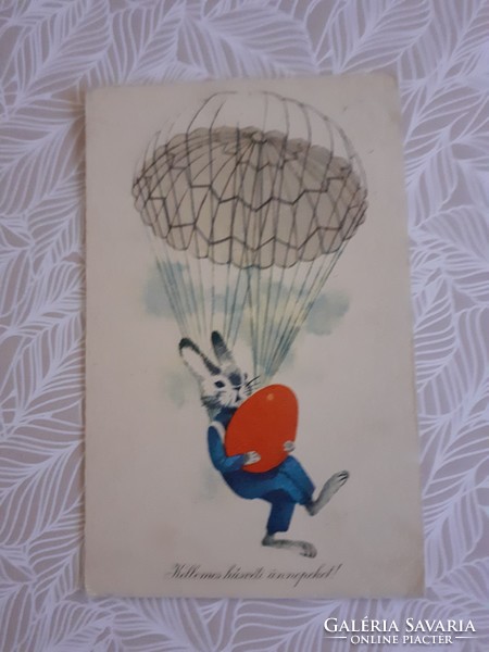Régi húsvéti képeslap rajzos levelezőlap ejtőernyő nyuszi nyúl