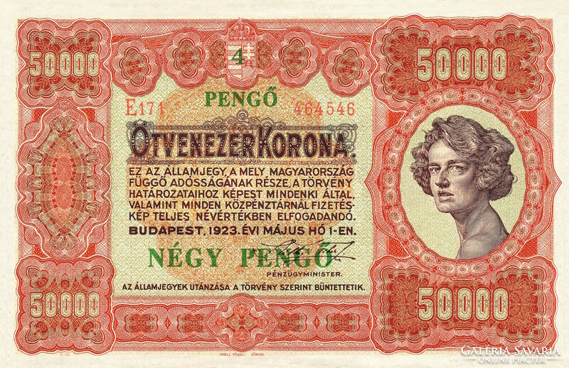 REPLIKA - 50 ÉS 100 EZER KORONA 1923, 4 ÉS 8 PENGŐRE FELÜLBÉLYEGEZVE
