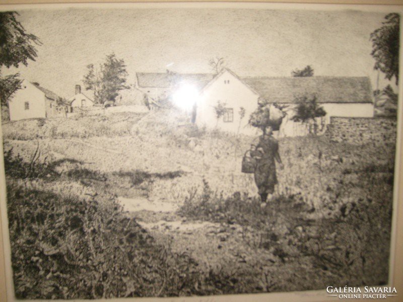 From Jenő Dudás to Tihany etching glass plate in the wooden frame 73 x 53-cm