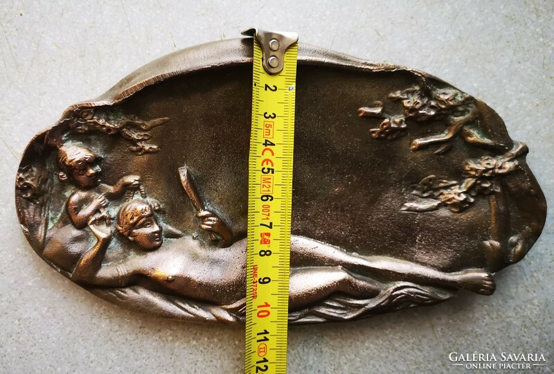 Art Nouveau bronze offering naked lady nude and putto decoration ashen business card holder