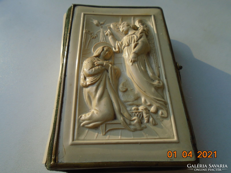 Angelic greetings with embossed image on cover, antique copper buckled religious book