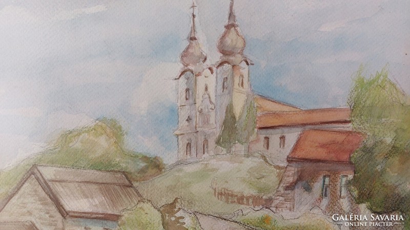 (K) Nagyobb méretű akvarell festmény 70x57 cm kerettel falurészlet, templommal